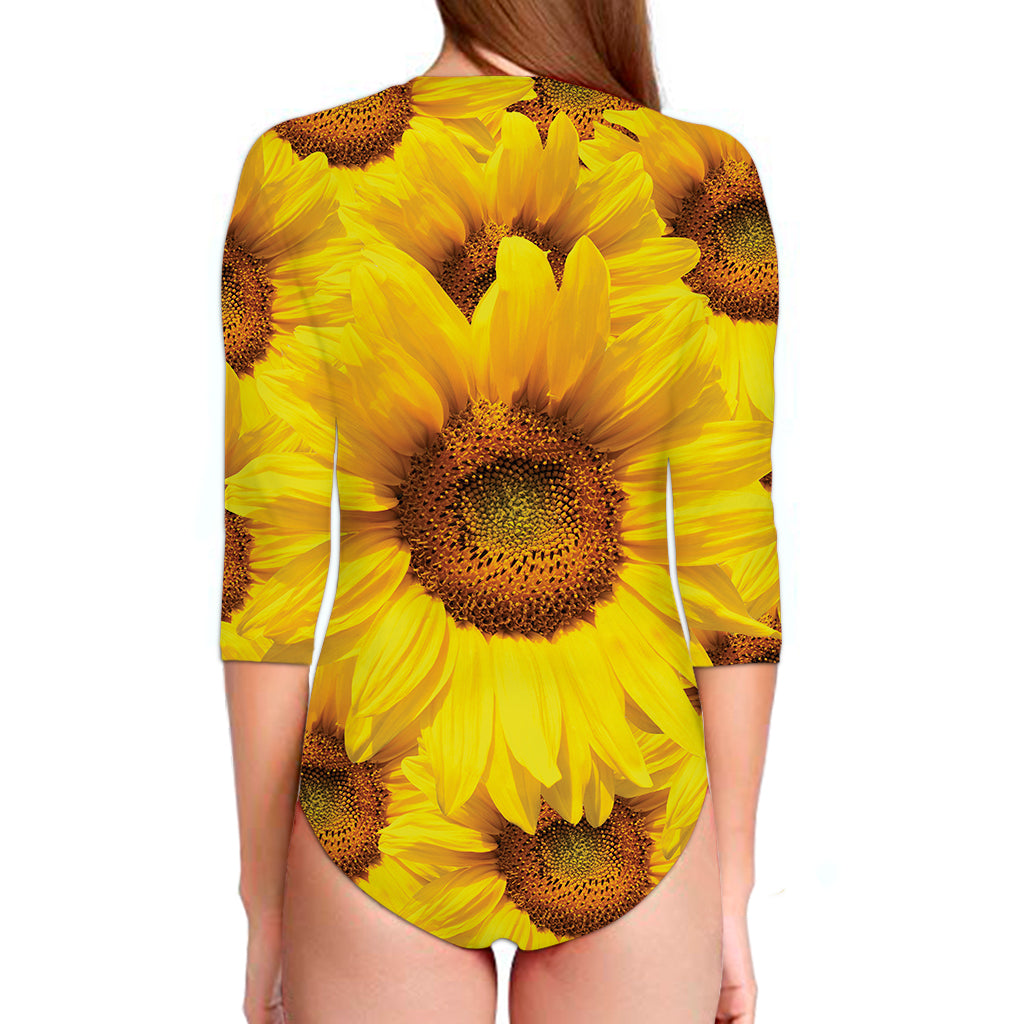 Yellow Sunflower Print Long Sleeve Swimsuit
