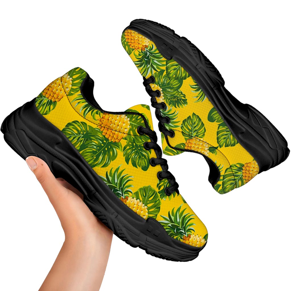 Yellow Tropical Pineapple Pattern Print Black Chunky Shoes