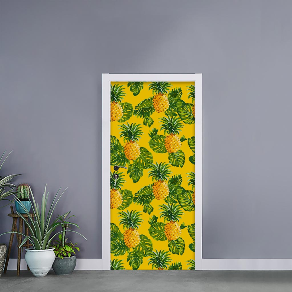 Yellow Tropical Pineapple Pattern Print Door Sticker