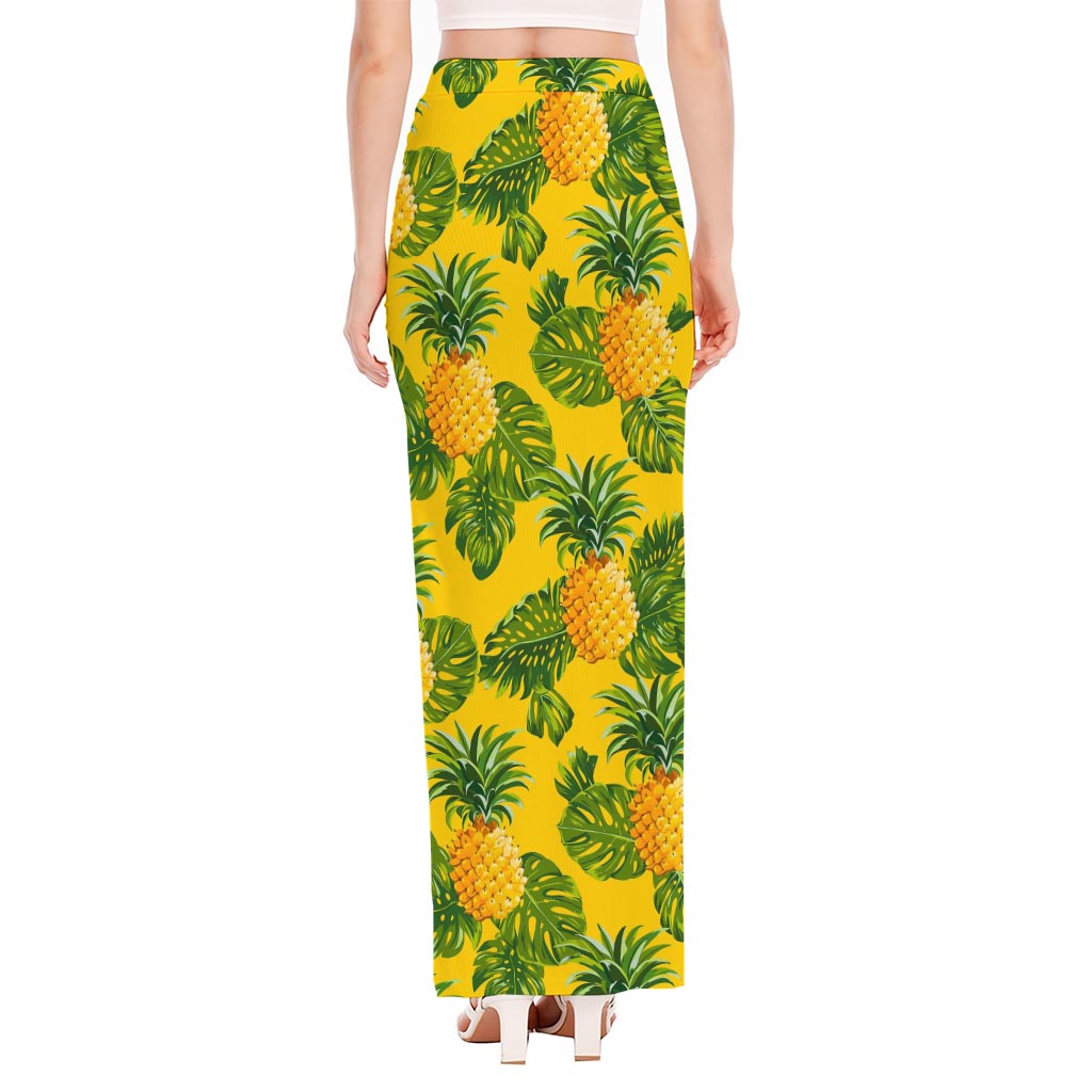 Yellow Tropical Pineapple Pattern Print High Slit Maxi Skirt