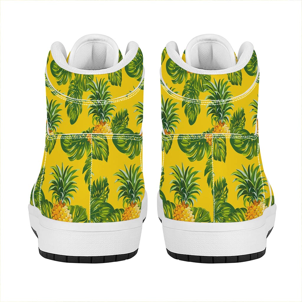 Yellow Tropical Pineapple Pattern Print High Top Leather Sneakers