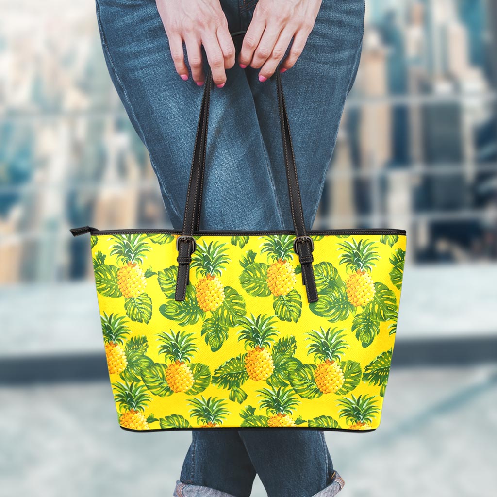 Yellow Tropical Pineapple Pattern Print Leather Tote Bag