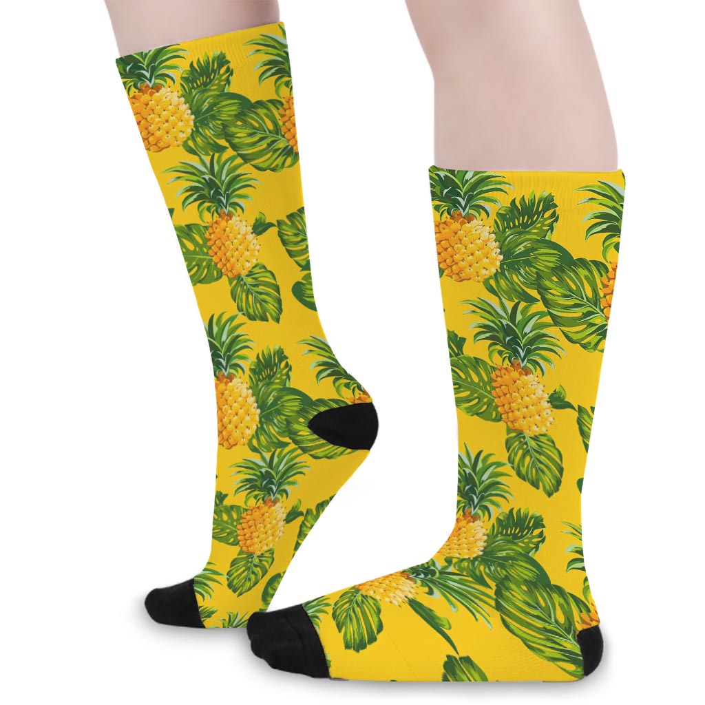 Yellow Tropical Pineapple Pattern Print Long Socks