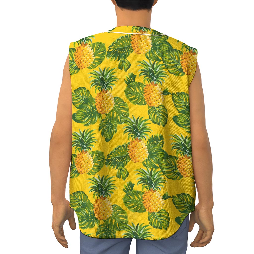 Yellow Tropical Pineapple Pattern Print Sleeveless Baseball Jersey