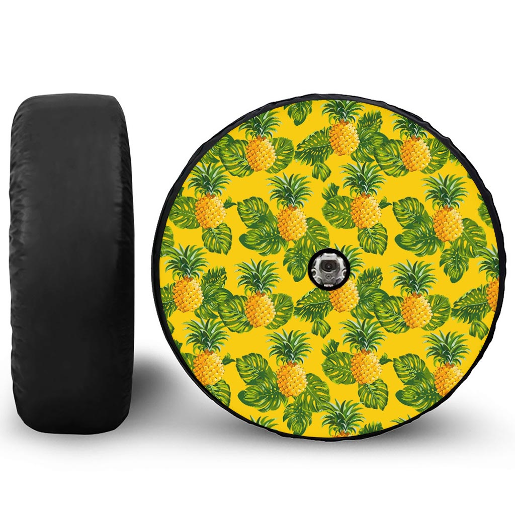Yellow Tropical Pineapple Pattern Print Tire Cover With Camera Hole