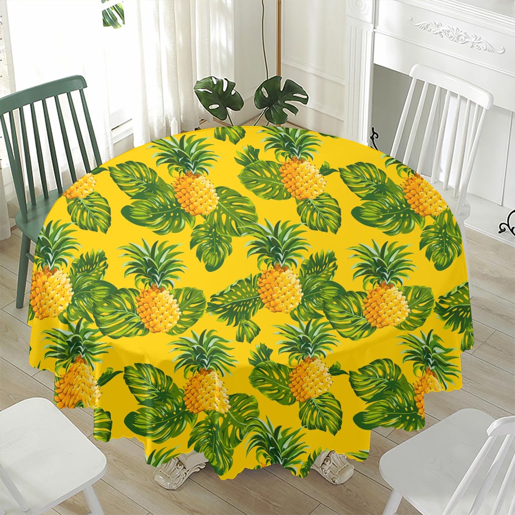 Yellow Tropical Pineapple Pattern Print Waterproof Round Tablecloth