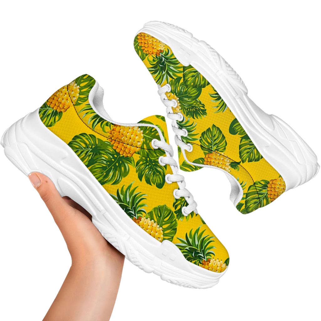 Yellow Tropical Pineapple Pattern Print White Chunky Shoes