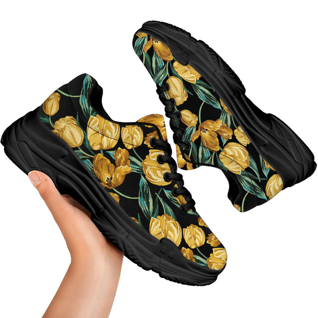 Yellow Tulip Floral Pattern Print Black Chunky Shoes