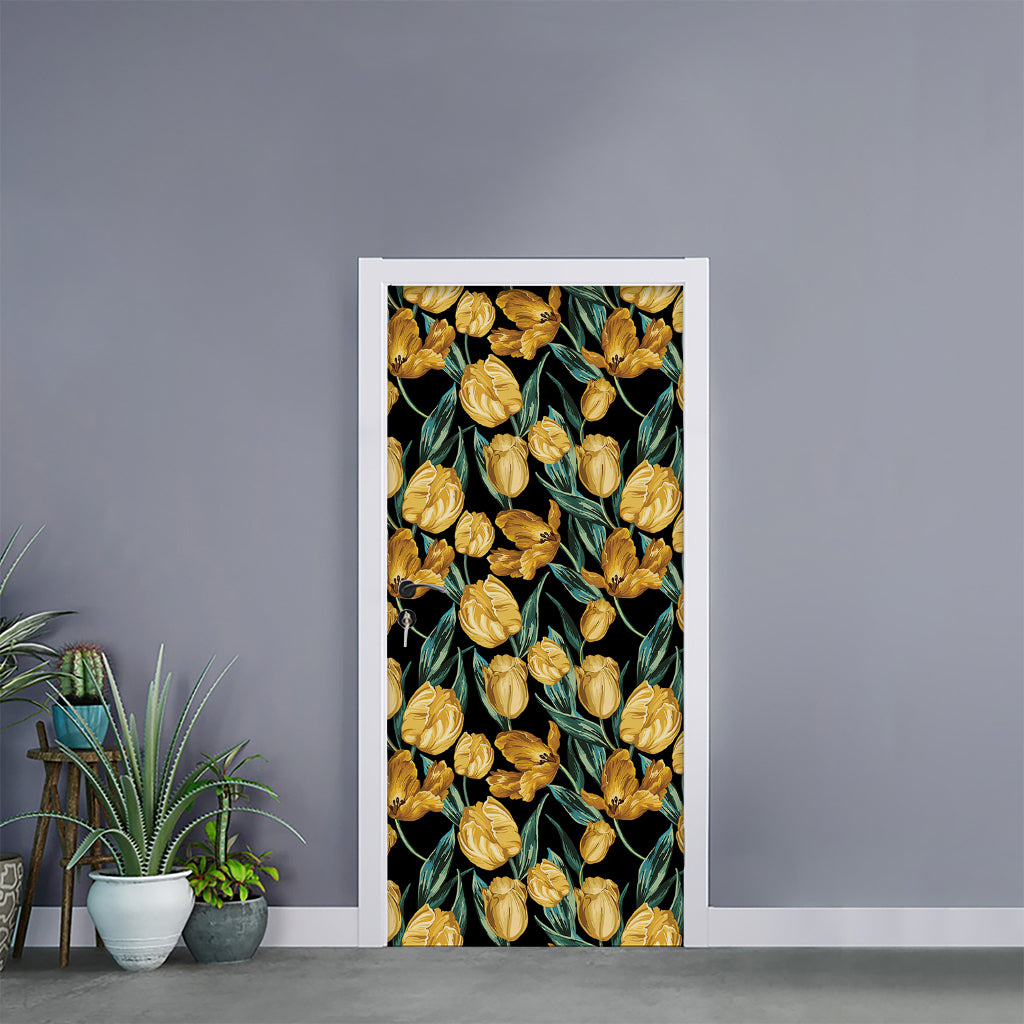 Yellow Tulip Floral Pattern Print Door Sticker