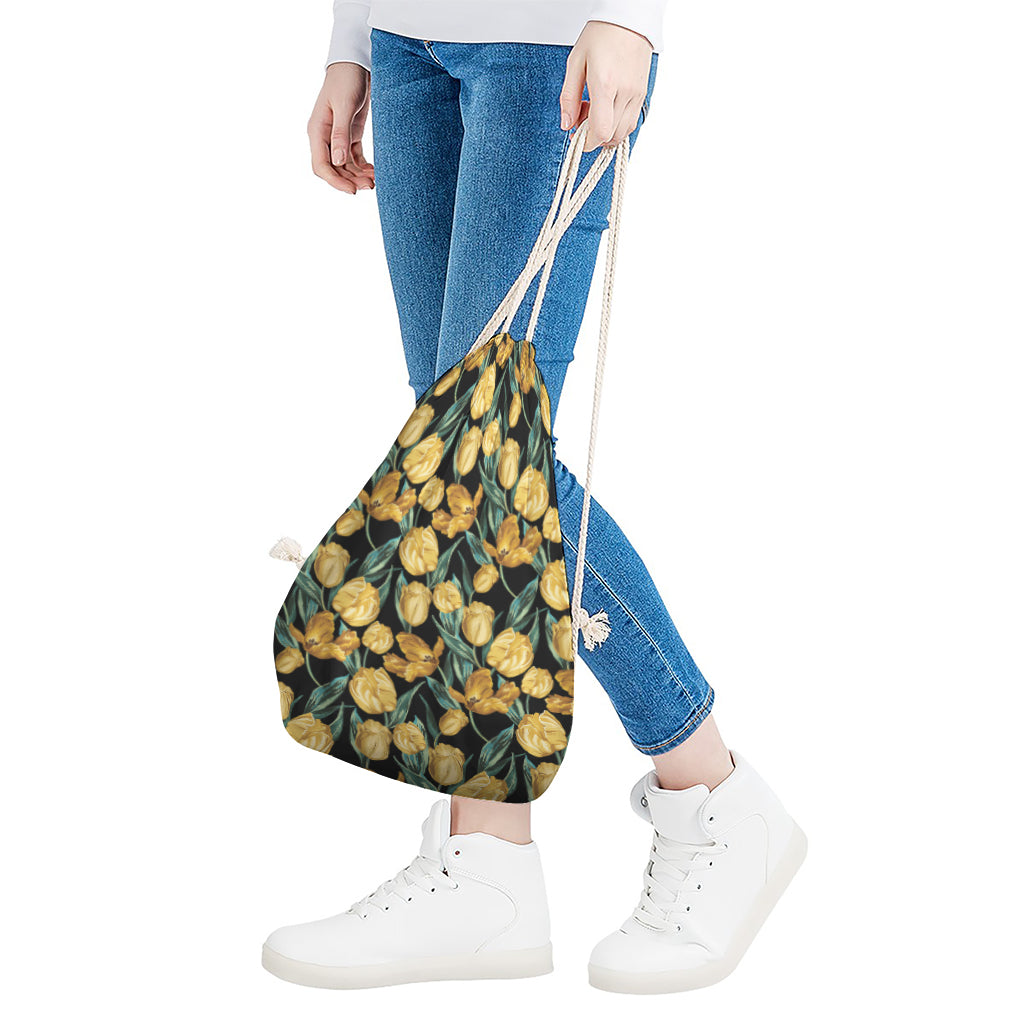 Yellow Tulip Floral Pattern Print Drawstring Bag