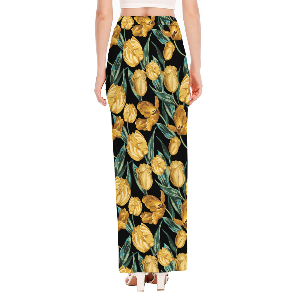 Yellow Tulip Floral Pattern Print High Slit Maxi Skirt