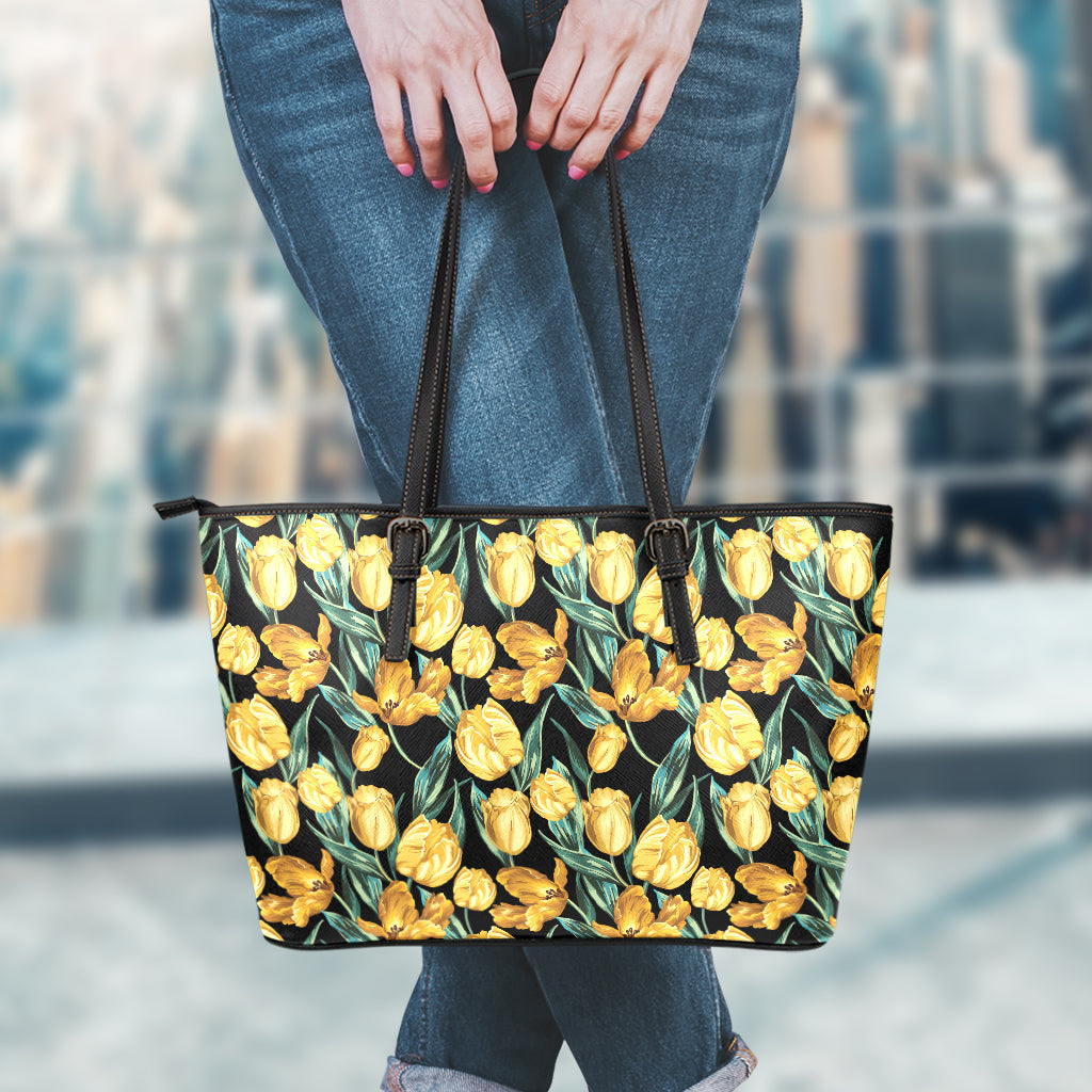 Yellow Tulip Floral Pattern Print Leather Tote Bag