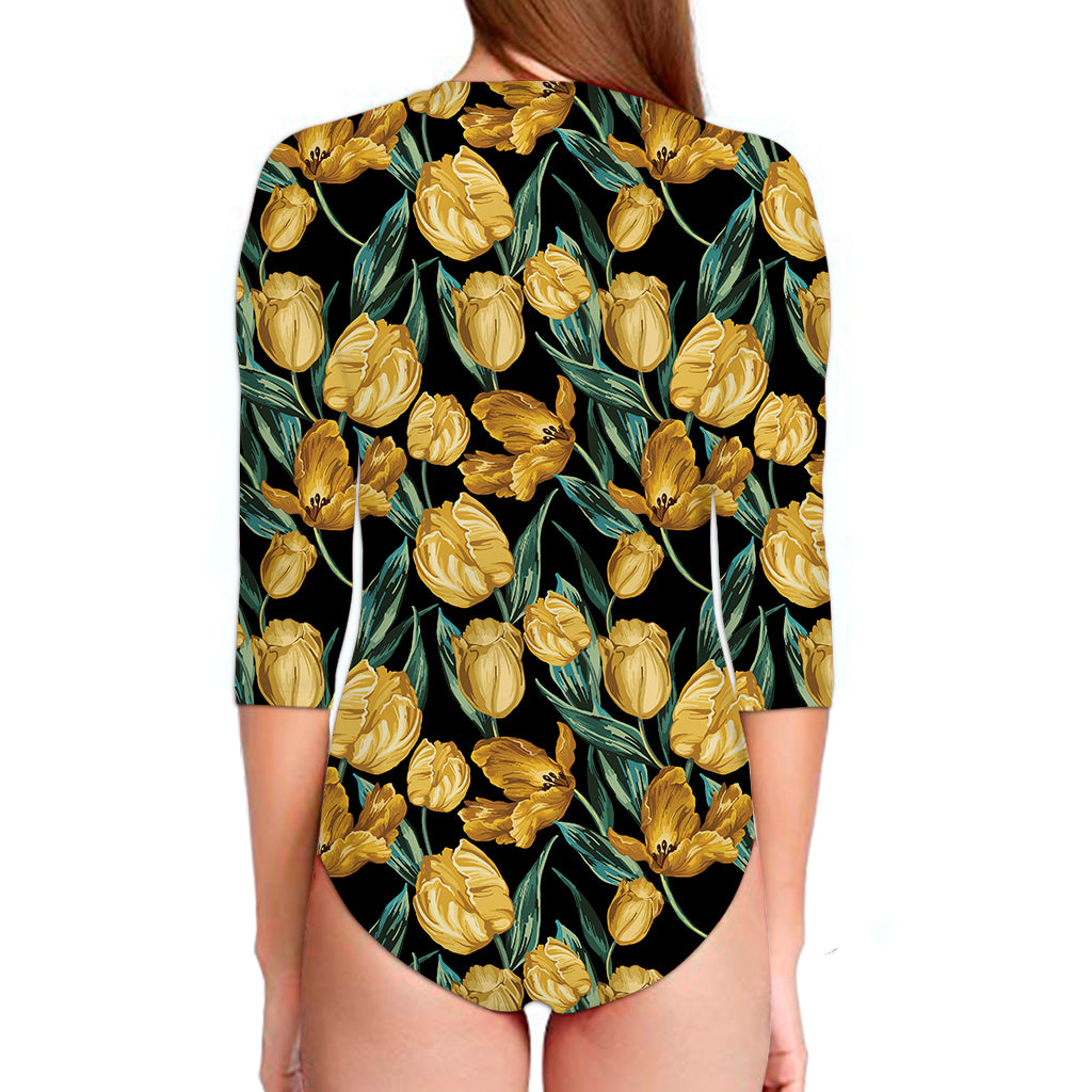 Yellow Tulip Floral Pattern Print Long Sleeve Swimsuit