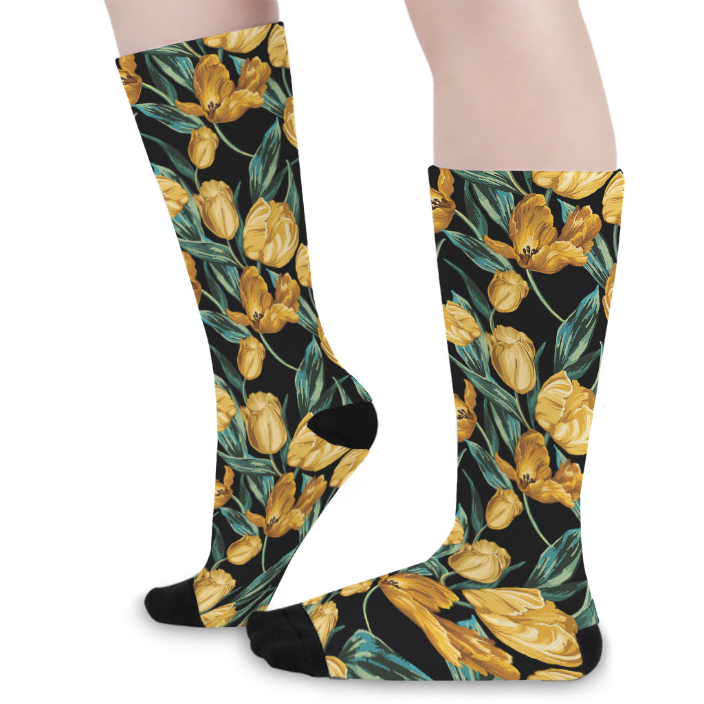 Yellow Tulip Floral Pattern Print Long Socks