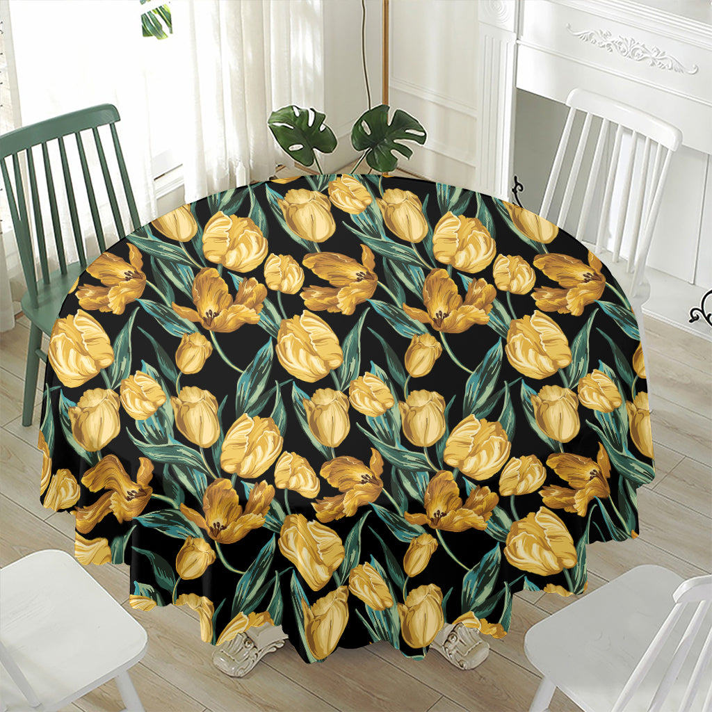 Yellow Tulip Floral Pattern Print Waterproof Round Tablecloth