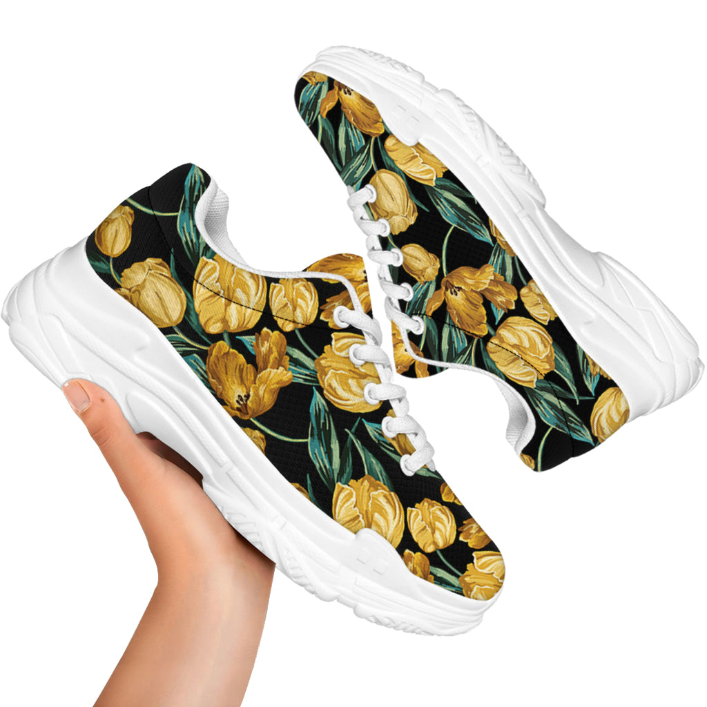 Yellow Tulip Floral Pattern Print White Chunky Shoes