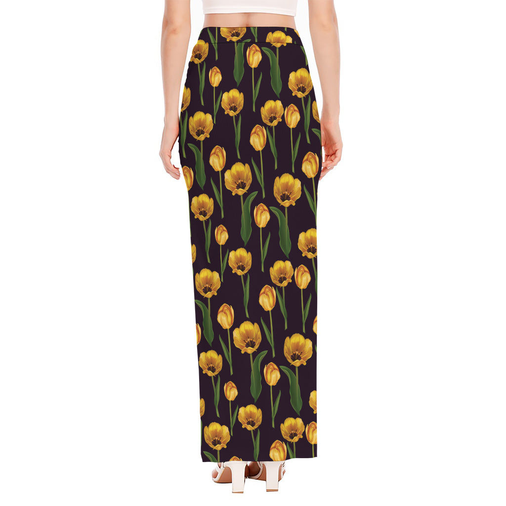 Yellow Tulip Flower Pattern Print High Slit Maxi Skirt