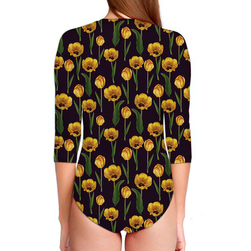 Yellow Tulip Flower Pattern Print Long Sleeve Swimsuit