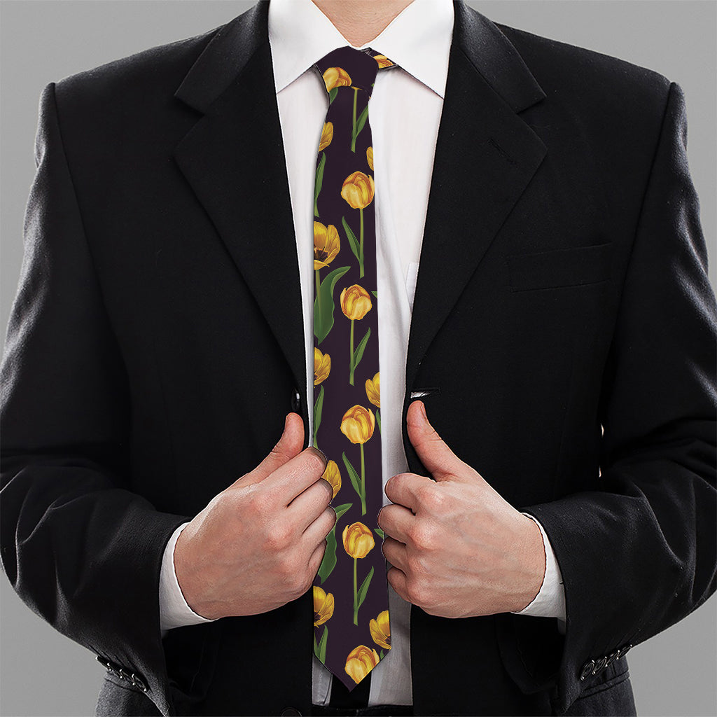 Yellow Tulip Flower Pattern Print Necktie