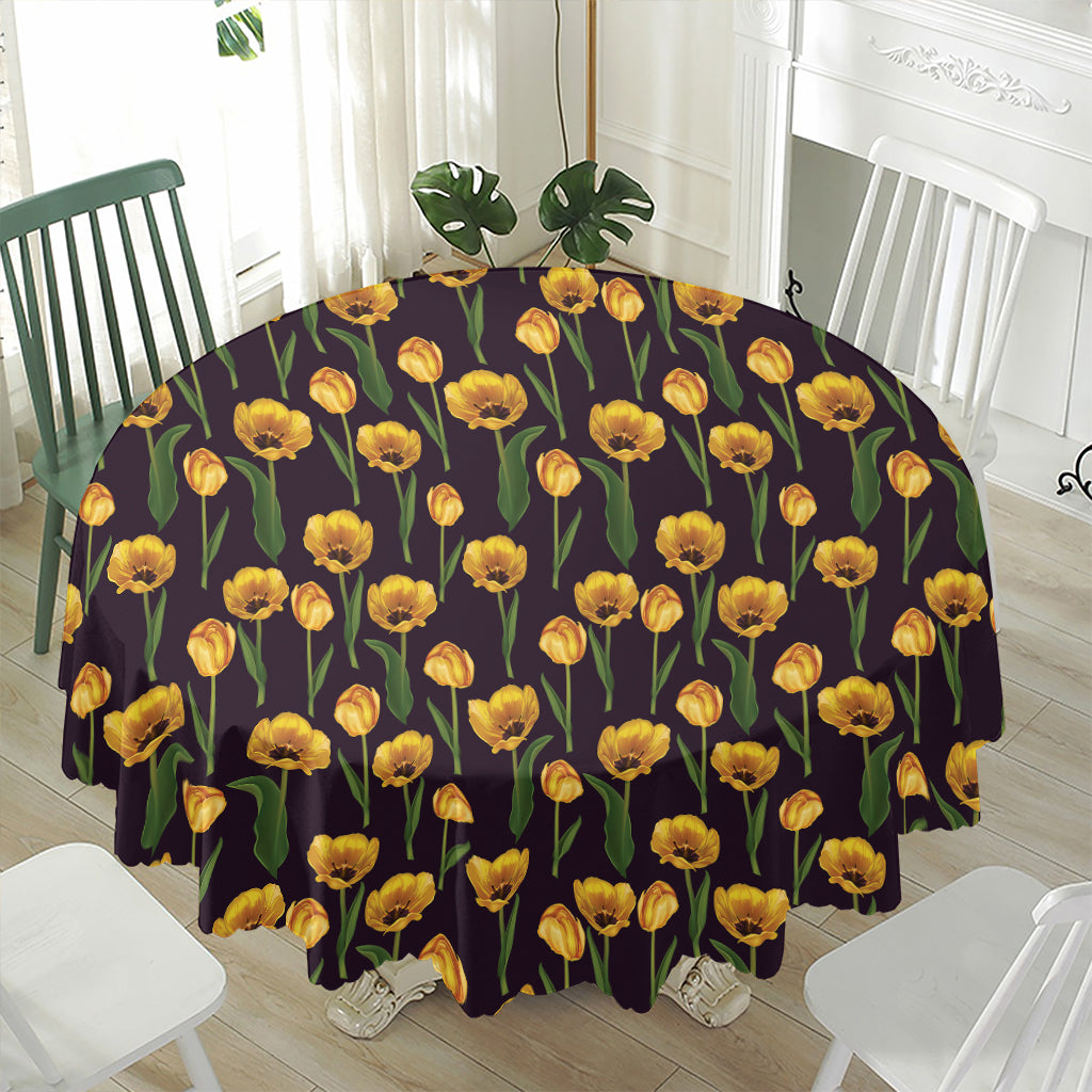 Yellow Tulip Flower Pattern Print Waterproof Round Tablecloth