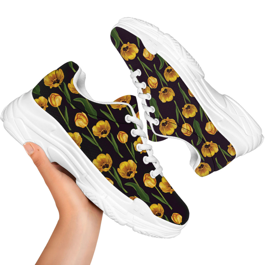 Yellow Tulip Flower Pattern Print White Chunky Shoes