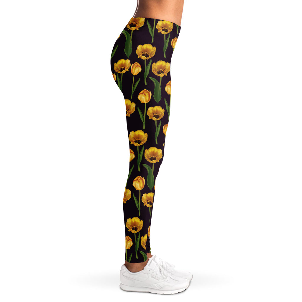 Yellow Tulip Flower Pattern Print Women's Leggings