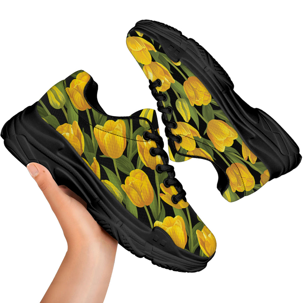 Yellow Tulip Pattern Print Black Chunky Shoes