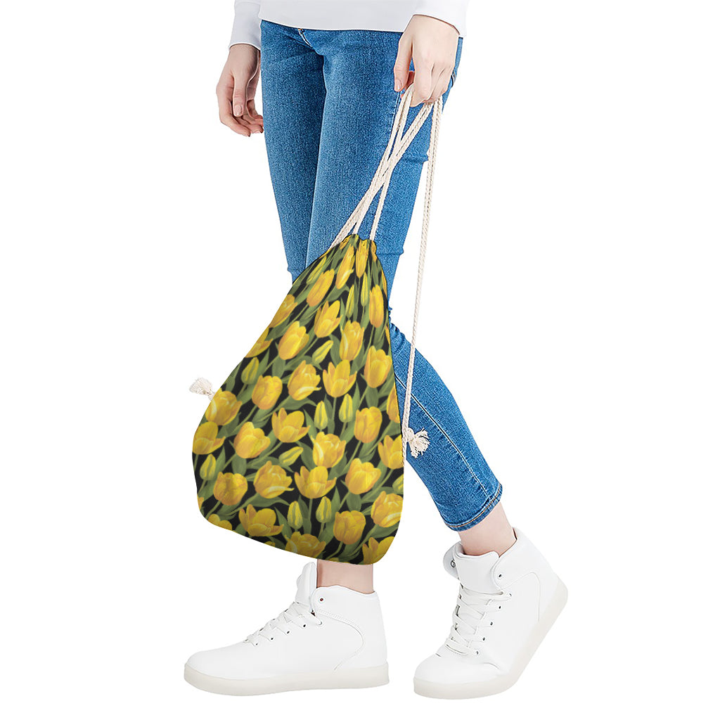 Yellow Tulip Pattern Print Drawstring Bag