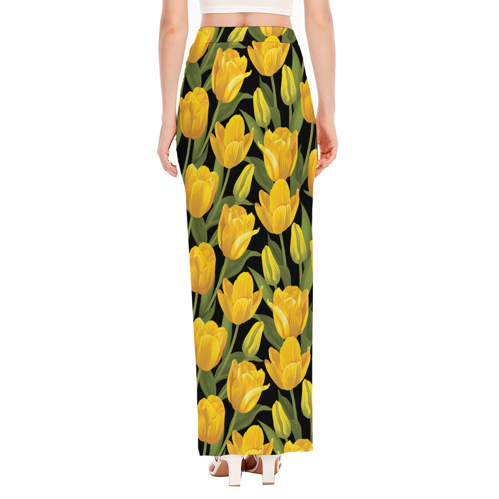 Yellow Tulip Pattern Print High Slit Maxi Skirt