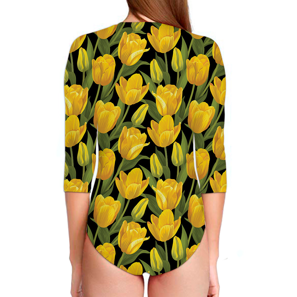 Yellow Tulip Pattern Print Long Sleeve Swimsuit