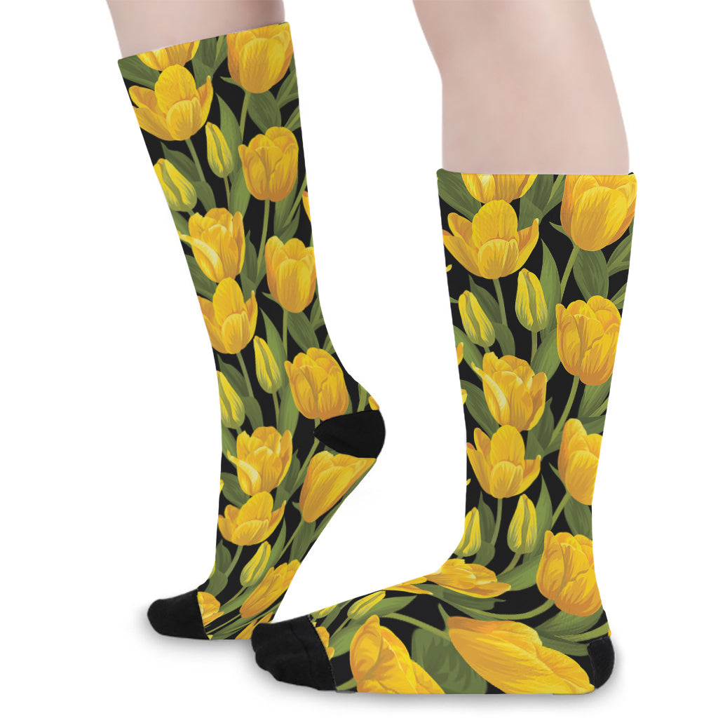 Yellow Tulip Pattern Print Long Socks