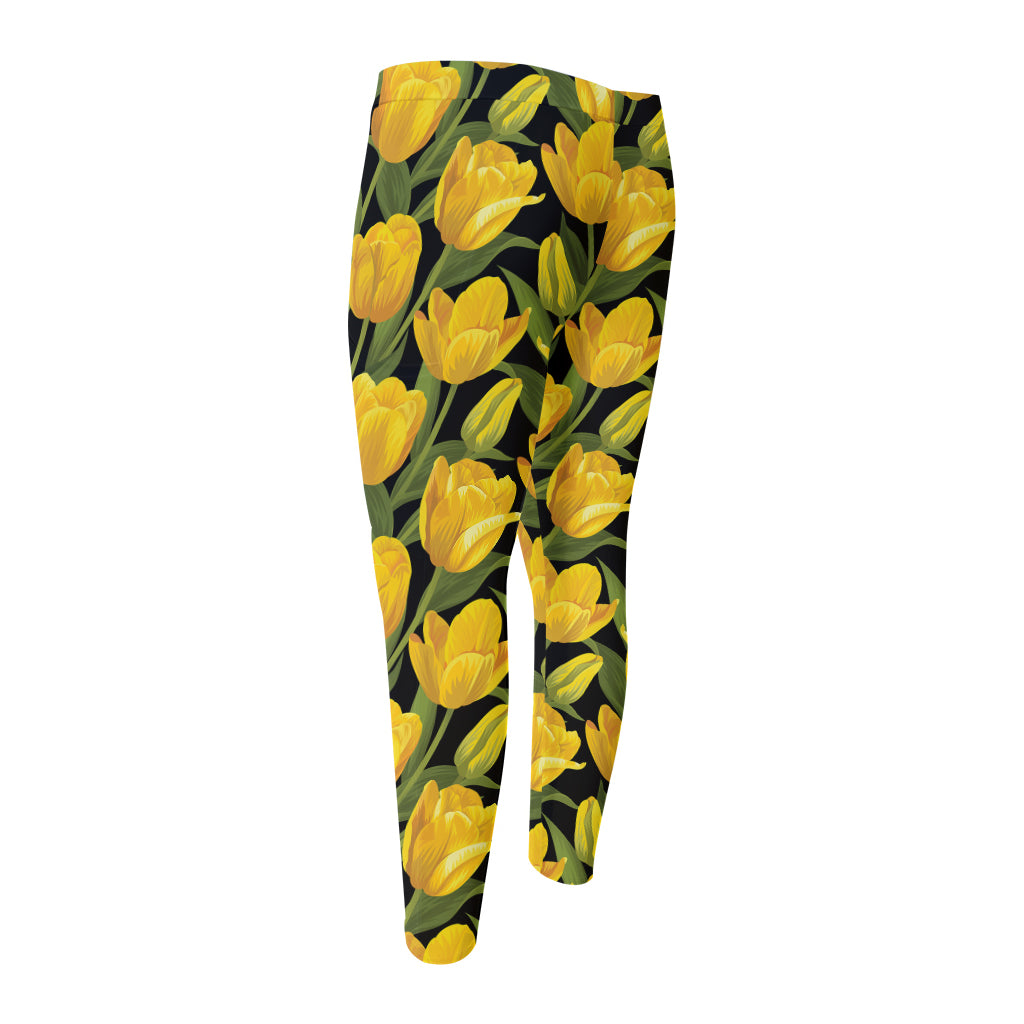 Yellow Tulip Pattern Print Men's Compression Pants
