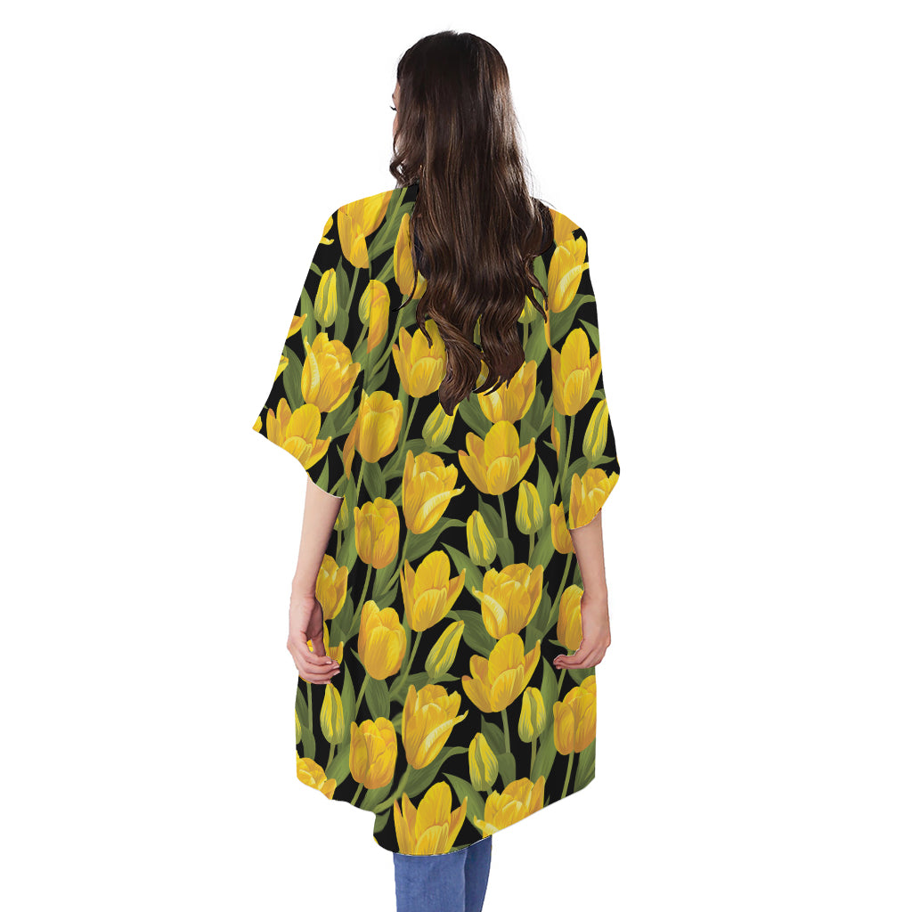 Yellow Tulip Pattern Print Open Front Beach Cover Up