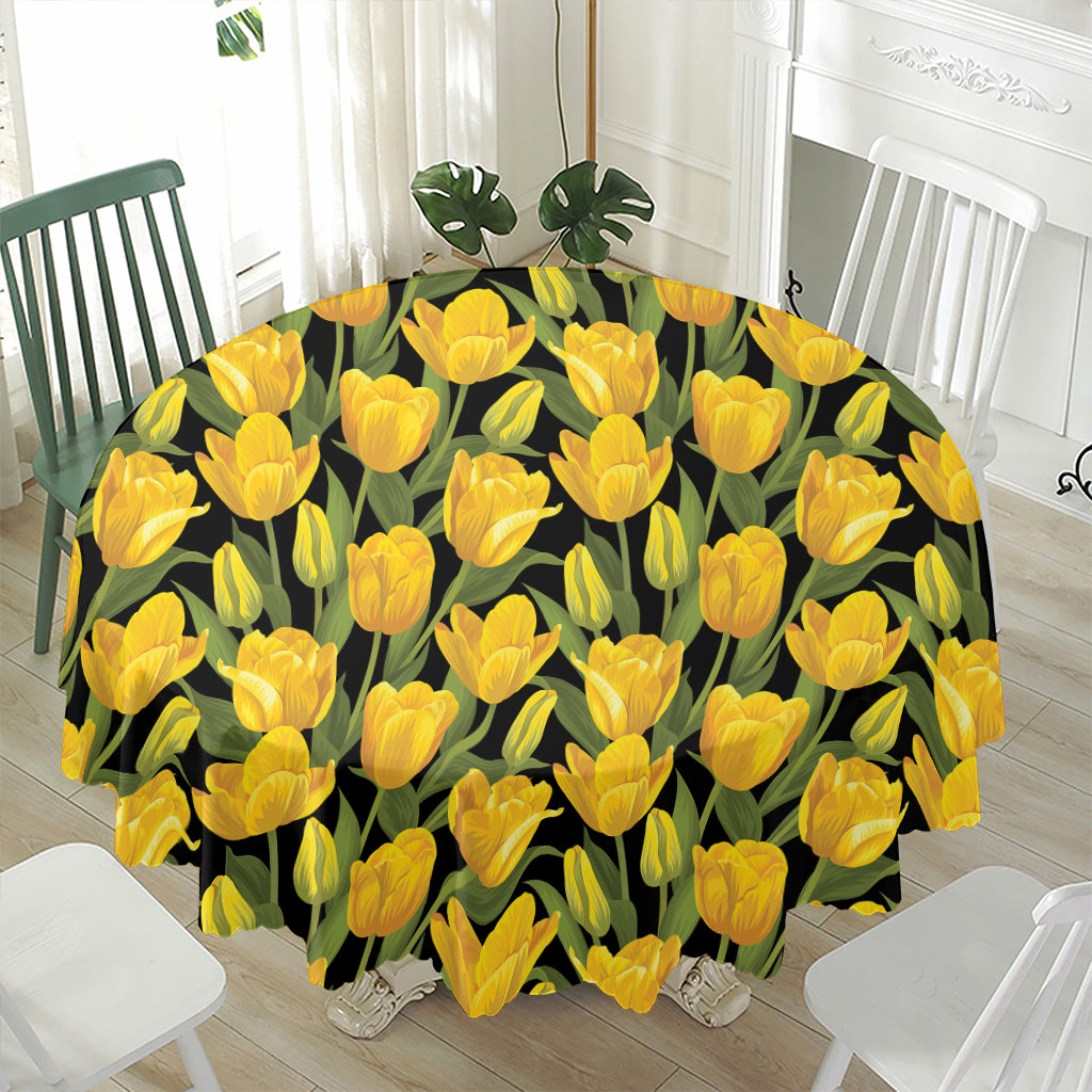 Yellow Tulip Pattern Print Waterproof Round Tablecloth