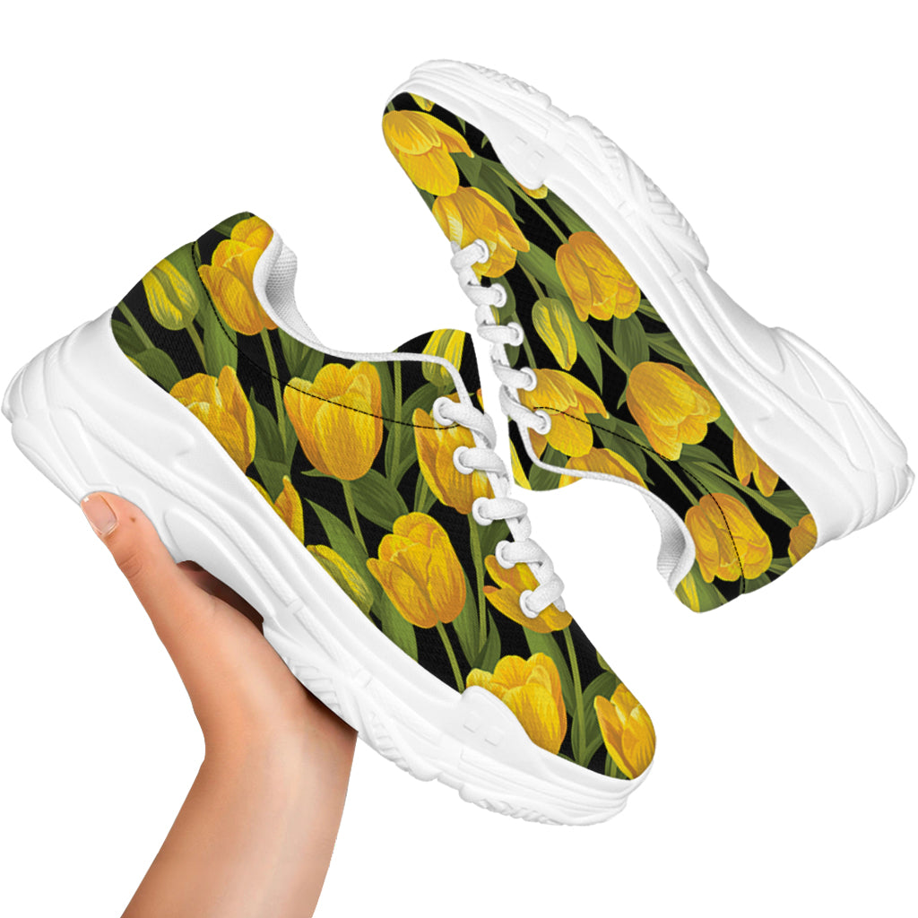 Yellow Tulip Pattern Print White Chunky Shoes