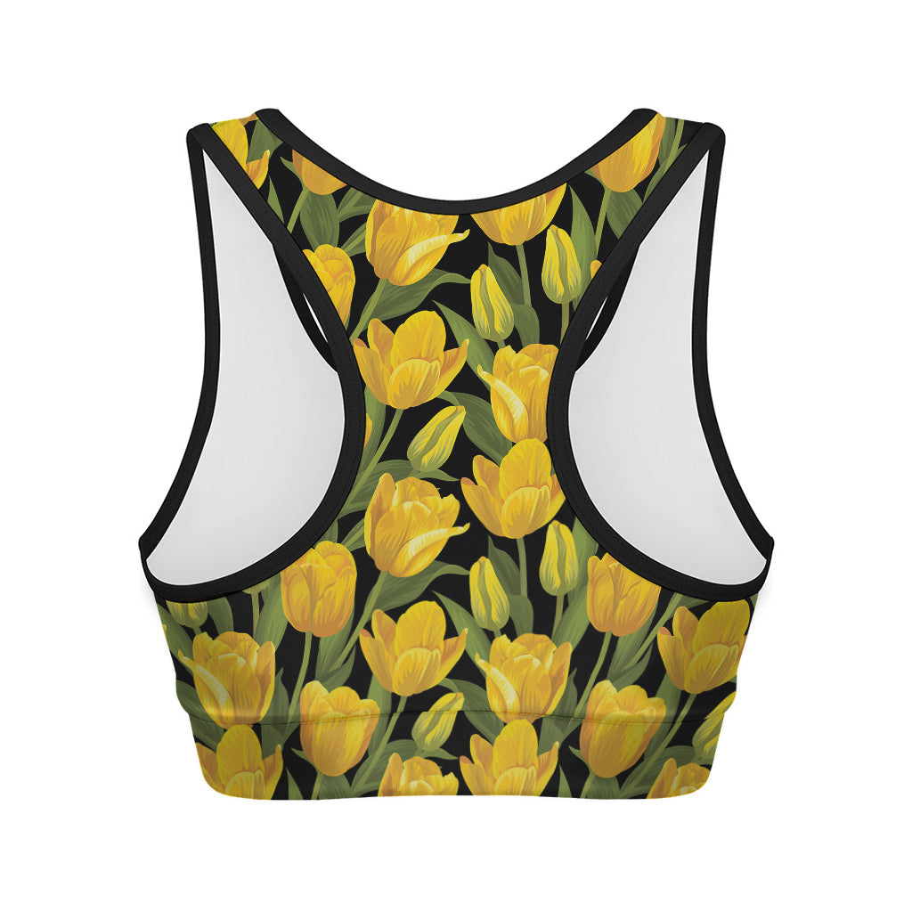 Yellow Tulip Pattern Print Women's Sports Bra