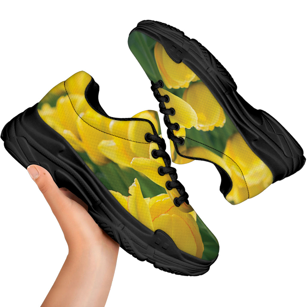 Yellow Tulip Print Black Chunky Shoes