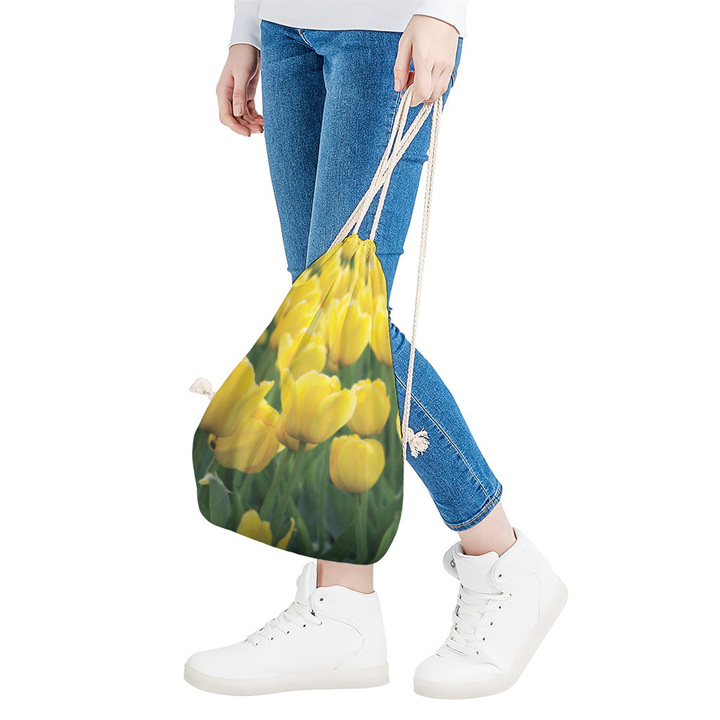Yellow Tulip Print Drawstring Bag