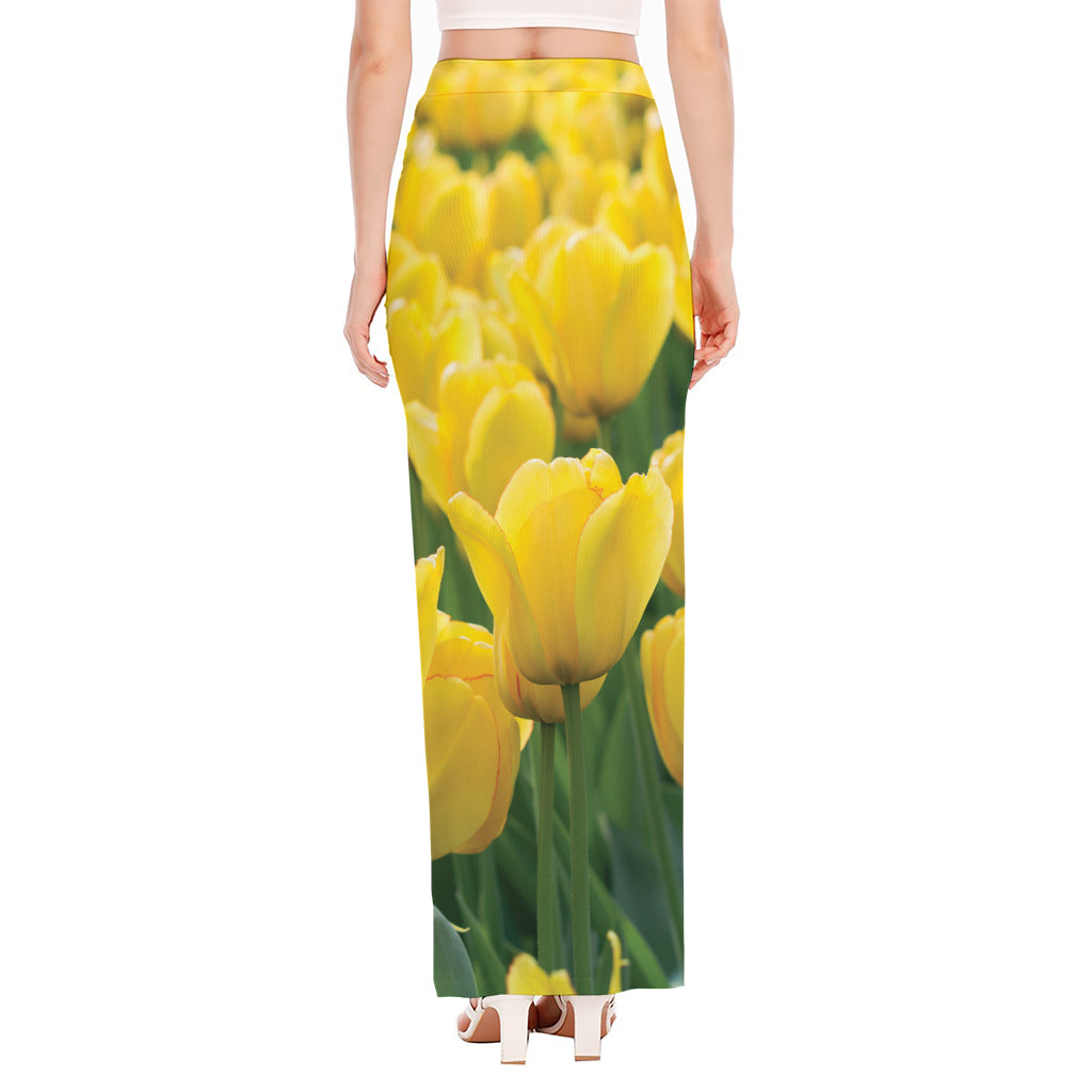 Yellow Tulip Print High Slit Maxi Skirt