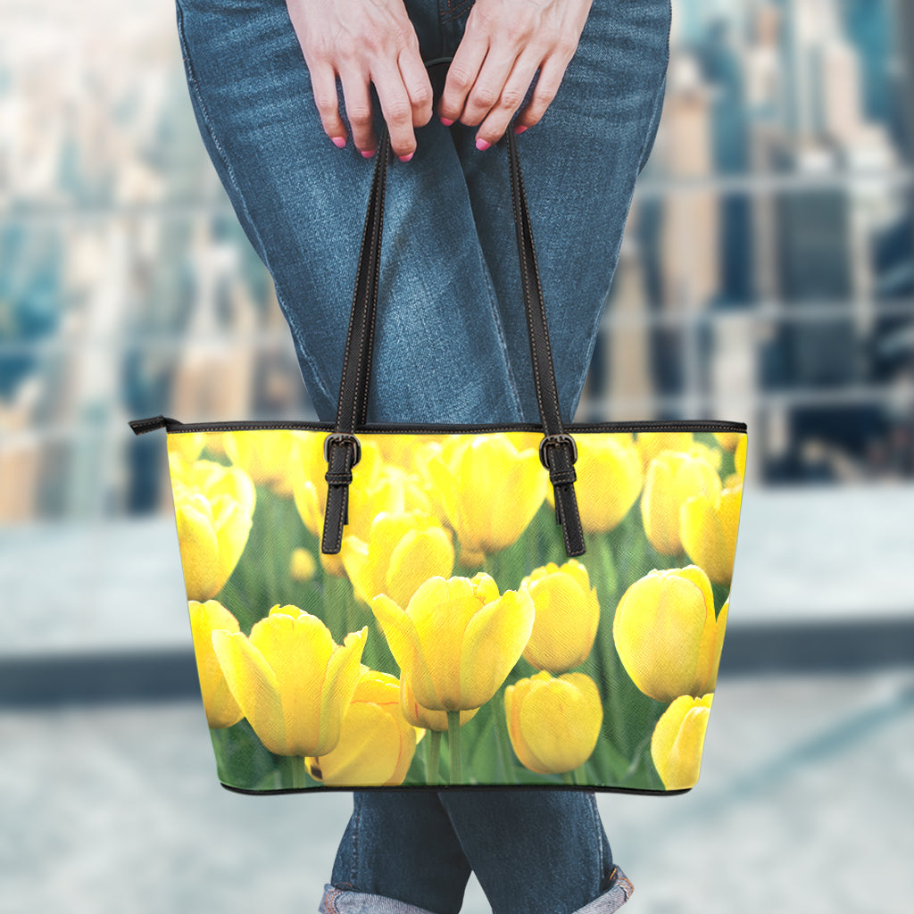 Yellow Tulip Print Leather Tote Bag