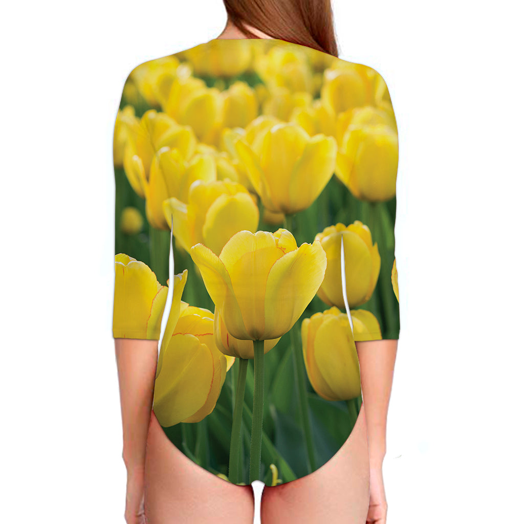 Yellow Tulip Print Long Sleeve Swimsuit