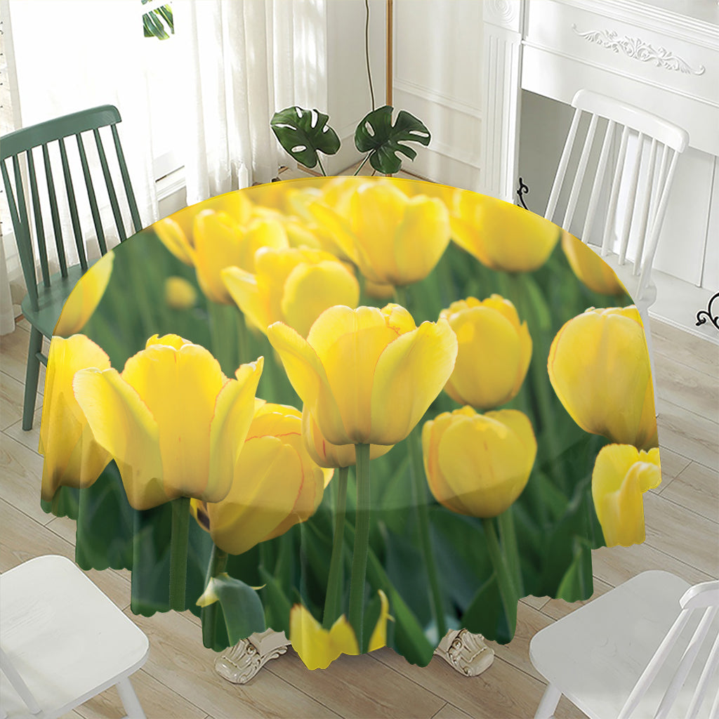 Yellow Tulip Print Waterproof Round Tablecloth