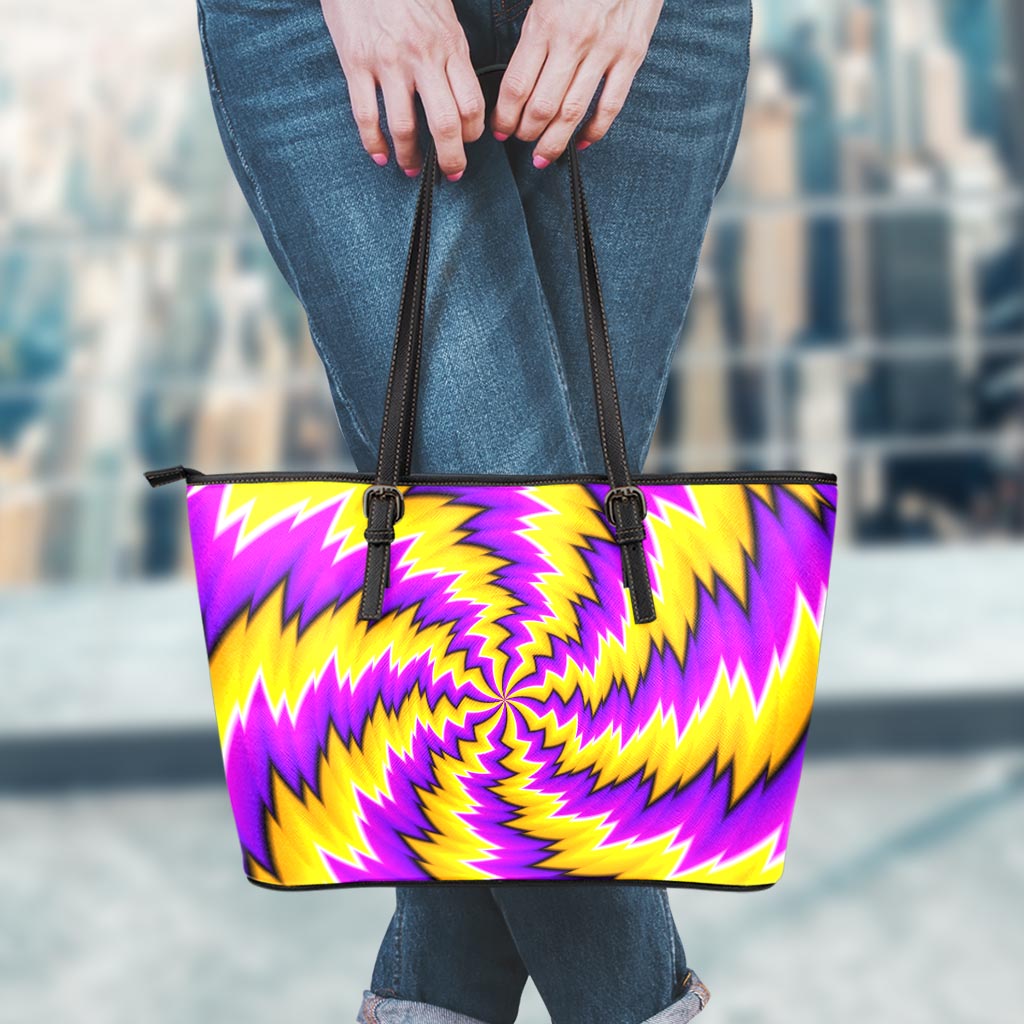 Yellow Vortex Moving Optical Illusion Leather Tote Bag