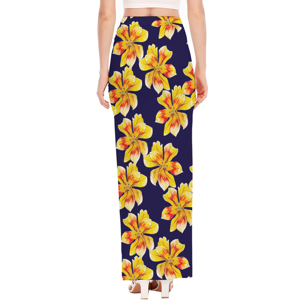 Yellow Watercolor Lily Pattern Print High Slit Maxi Skirt