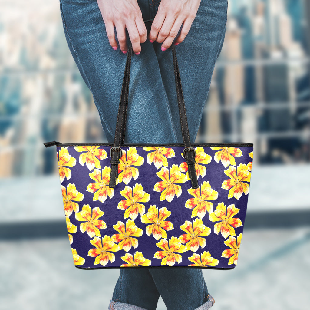 Yellow Watercolor Lily Pattern Print Leather Tote Bag
