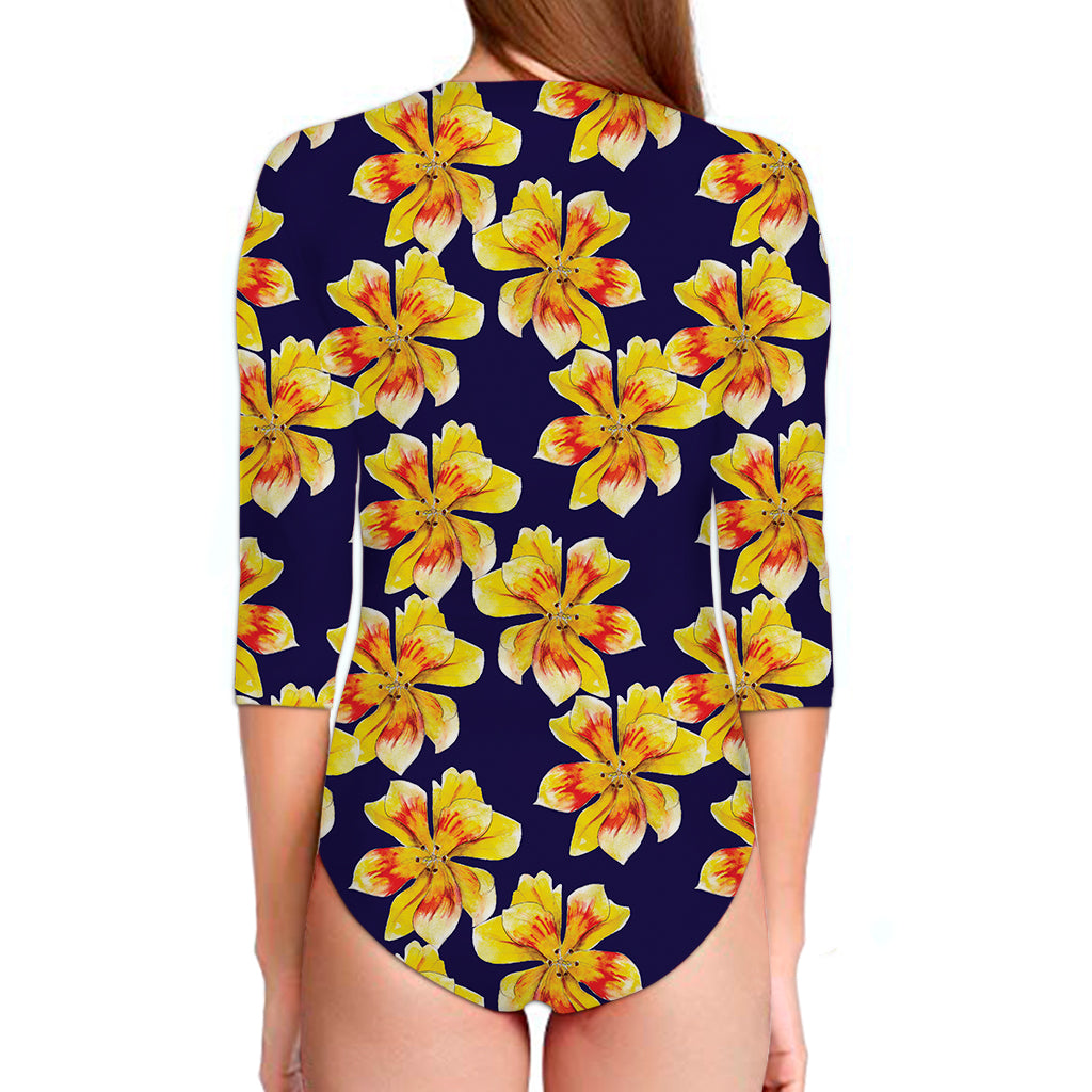 Yellow Watercolor Lily Pattern Print Long Sleeve Swimsuit