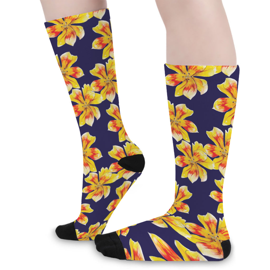 Yellow Watercolor Lily Pattern Print Long Socks