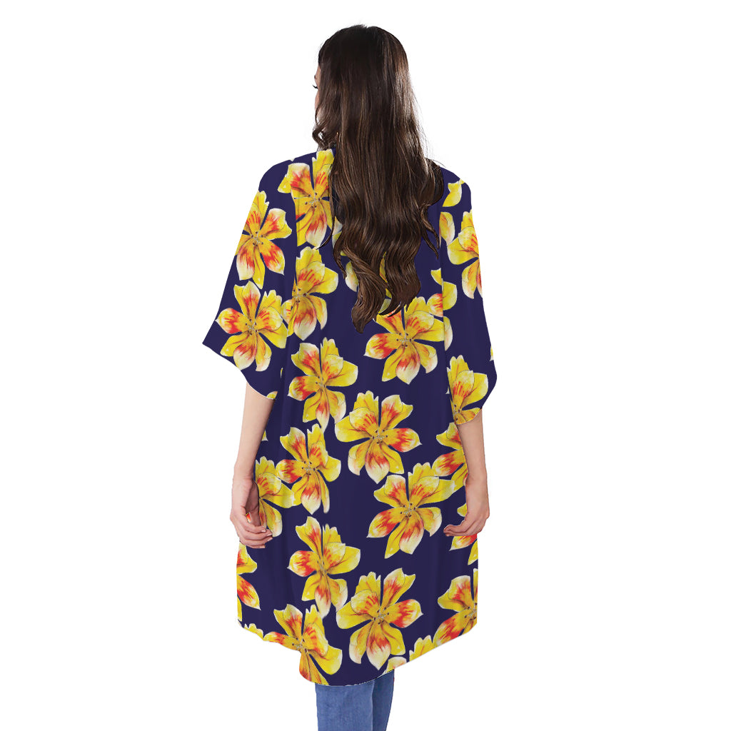 Yellow Watercolor Lily Pattern Print Open Front Beach Cover Up