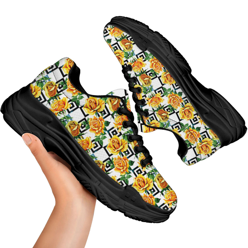 Yellow Watercolor Rose Print Black Chunky Shoes