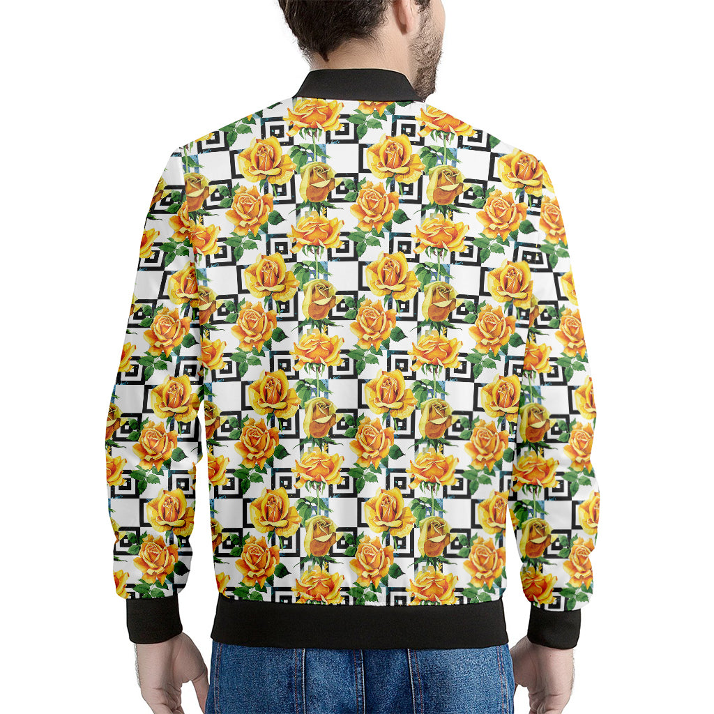 Yellow Watercolor Rose Print Men's Bomber Jacket